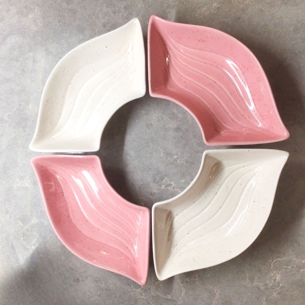 California Pottery USA L34 Circular Snack Trays Atomic Pink White Midcentury 50s